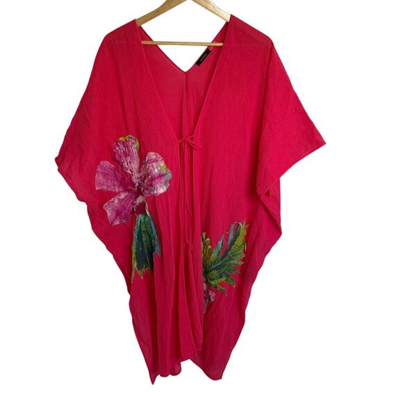 Natori Other - Natori Hibiscus Pink Cotton Gauze Floral Applique Cover Up XS/S